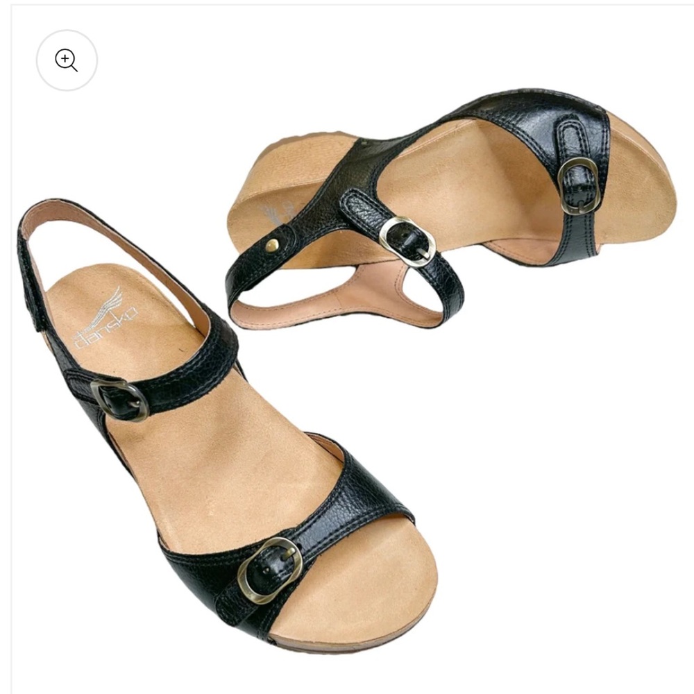 Dansko Black Leather Open-Toe Slingback Sandals with Buckle Accents